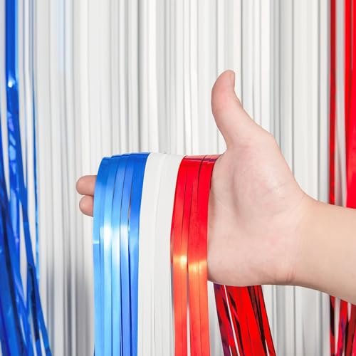 Image of Voircoloria 2 Pack Red White and Blue Foil Fringe Backdrop Curtains, Tinsel Streamers Party Decorations, Fringe Backdrop for Patriotic, Memorial Day, 4th of July, Independence Day