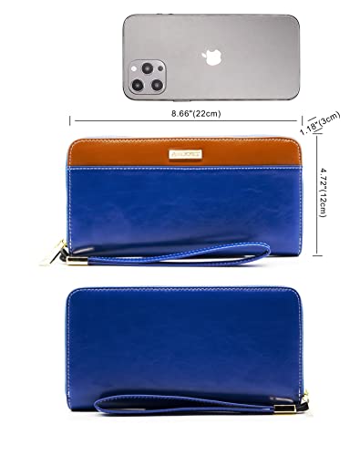Image of ANDOILT Womens RFID Blocking Genuine Leather Zip Around Wallets Large Cell Phone Holder Clutch Travel Purse Wristlet Blue