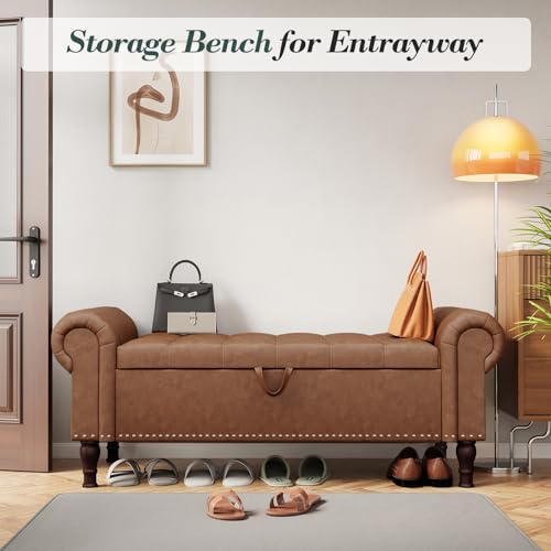 Apicizon 51” Bench with Storage, Upholstered Tufted Button Window Bench with Plenty Hidden Storage Space, Faux Leather Ottoman Bench for Bedroom, Living Room, Entryway, Vintage Brown