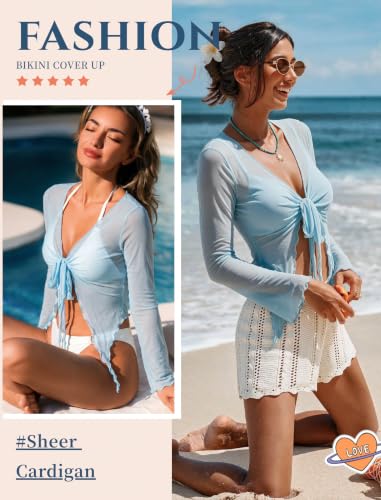 Image of Avidlove Women Mesh Crop Top Y2K Tie Front Tops Rave Top Sheer Cardigan Sexy V Neck Outfits S-2XL