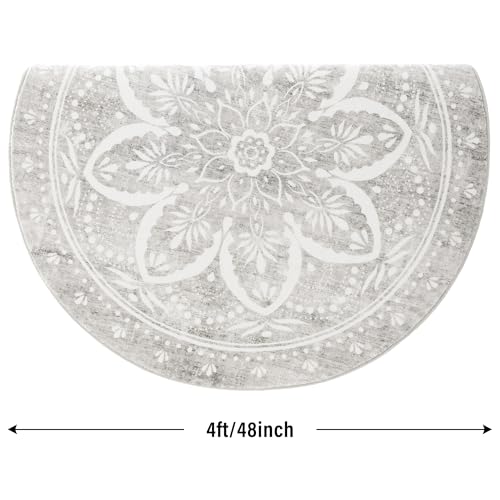 Image of Carvapet Vintage Round Rugs 48 inch - Washable Non Slip Rubber Backing Foldable Low Pile for Living Room Bedroom, 4ft Grey Circle Rug