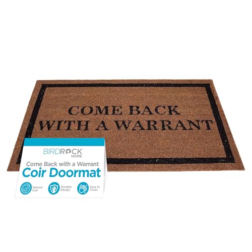 Image of BIRDROCK HOME Come Back with a Warrant Coir Doormat | 18 x 30 Inch | Standard Welcome Mat with Black Border and Natural Fade | Vinyl Backed | Outdoor