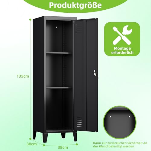 SUPEER Metallspind mit 2 höhenverstellbaren Ablagen,Abschließbarer Einzelschrank 135x38x38cm, Schließfachschrank aus Metall für Garderobe, Schule, Büro,Familie(schwarz)
