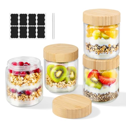 4 Pièces Overnight Oats Jar 500ml,Bocaux en Verre Pot avec Couvercles en Bois, Bocaux en Verre Hermétique, Meal Prep Containers Verre pour Yaourt,Céréales,Puddings, Confitures, Snacks
