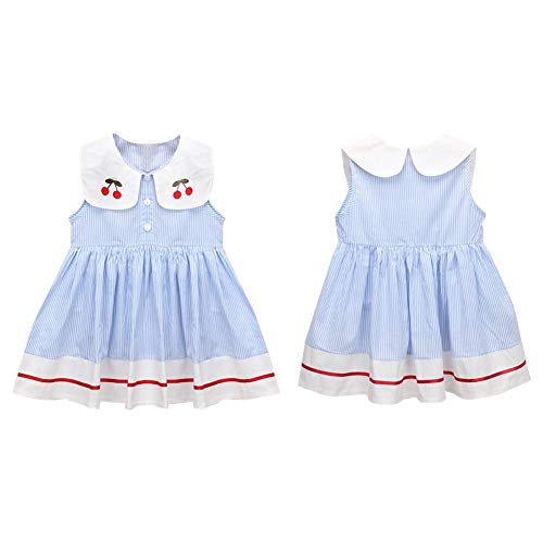 BAOBAOLAI Vestido infantil de verão para meninas, gola boneca, listrado, cereja, vestido de férias