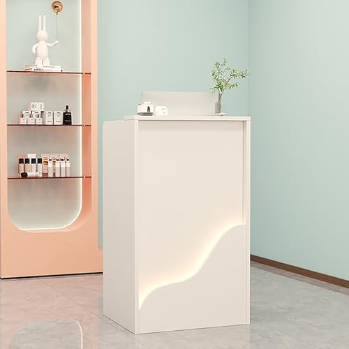 HOFMSX 受付デスク LEDライト付き ロック可能な引き出し付き カウンターテーブル モダン オフィス コンピューターフロント サロン ロビー ショップルーム チェックアウトオフィス用 (ホワイト、31.4 * 15.7 37.4インチ)