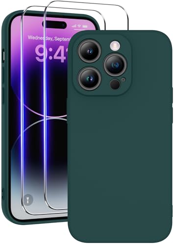 Qasyfanc Soft Silicone Case for iPhone 14 Pro with 2 Packs Tempered Glass Screen Protector Dust-proof Full Camera Protection iPhone 14 Pro Cover with Anti-Scratch Microfiber Lining Darkgreen