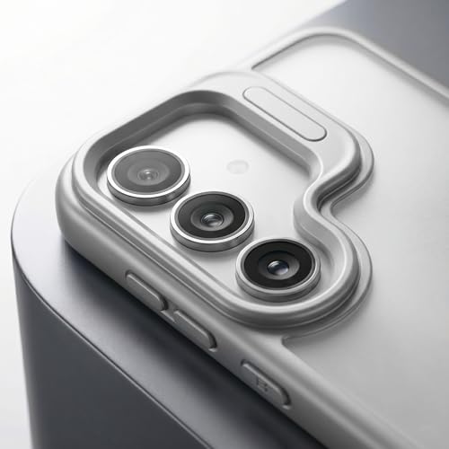 Image of amazon basics Frosted Matte Case for Samsung Galaxy S24 5G | Built-in Flip-Out Camera Lens Stand | Translucent Back with Contrast Gray Bumper | Shockproof Protective Cover with Foldable Kickstand