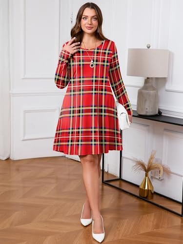 Image of AusLook Women's Plus Midi Dress Long Sleeve Crew Neck A-Line Swing Flowy Vacation Fall Wedding Guest Dresses with Pocket 1-5X