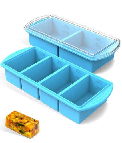 Silicone Freezer Trays With Lid - Easy Release Food Freezer Container Molds,Extra Large Ice Cube Tray with Reinforced Steel Ring,Easy Meal Prep for Freezing Stews,Soup,Sauces,Leftovers (2 Pack,Blue)