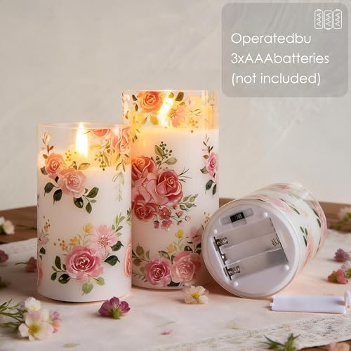 Image of LUSHARBOR Flameless Candles with Remote, Battery Operated Glass Candles Pink Rose Flickering LED Candles Real Wax Floral Christmas Decor Electric Pillar Candles Set of 3