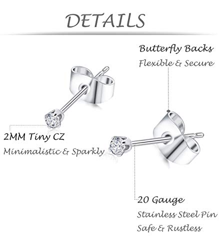 Tornito 10-20 Pairs 20G 2mm Tiny Stud Earrings 316L Stainless Steel Small CZ Ball Earring Set For Men Women2