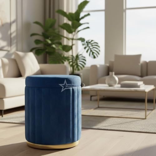 Image of Round Strip Stool with Cushion Foot Rest Office Stool Pouf Ottoman Padded Seat in Living Room - Blue