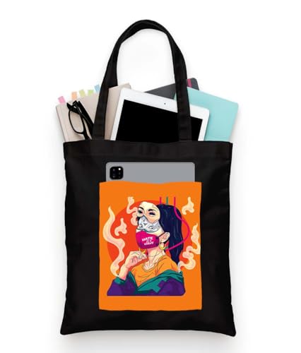 Image of ZORI Black Tote Bag With Pocket Printed Designed Canvas Tote Bags For Women large capacity,Tote bag For Shopping, College, Travel, More Canvas Handbag For Unisex Bag