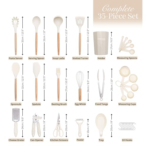 Kitchen Non Stick Cooking Utensils Set – Heat Resistant Silicone Utensils with Wooden Handle – Ladles, Spoons and Spatulas Set – Kitchen Tools & Accessories – 35pcs, Cream – by Nuovva - Image 3