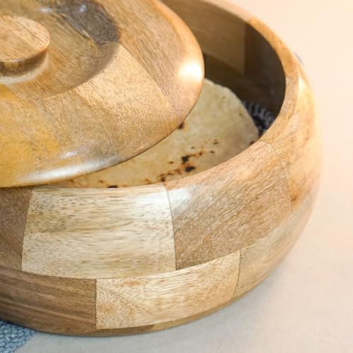 Image of Sanjeev Kapoor By OGGN Mango Wood 9 x 9 x 4 Inch, Casserole for Roti Hot Case | Wooden Roti Box | Hot Case Casserole | Big Chapati Storage Box for Home & Kitchen - Premium Wood Elegant Design