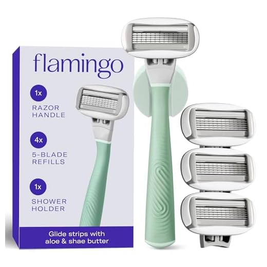 FLAMINGO 5-Blade Razors for Women - 1 Razor Handle + 4 5-Blade Refills + 1 Shower Holder - Sage