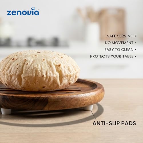 Image of ZENOVIA Roti Cooling & Serving Wooden Plate 10 Inch | Premium Teak Wood, Anti-Slip Pads, Anti-Moisture & Termite-Free, Chapati Serving Stand