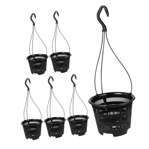 UPKOCH 6pcs Black Breathable Orchid Hanging Planter Pots with Multi-Hole Design and J360 Hooks, Small Indoor Hanging Flower Baskets for Dendrobium and Butterfly Orchids Gardening