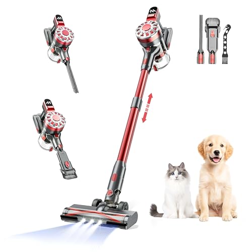 Cordless Vacuum Cleaner,Vacuum Cleaners for Home with Super Suction,Lightweight Stick Vacuum with 35 Mins Runtime,Rechargeable Cordless Vacuum for Carpet, Tile, Pet Hair, Hardwood Floors(Red)