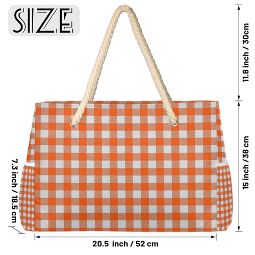 Orange Buffalo Plaid Tote Beach Bag for Women with Zipper Large Waterproof Sandproof Swim Pool Bag2