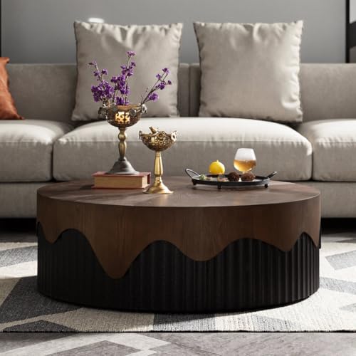 Image of WOODEN SPACE WaveEdge Round Center Table | Modern Designer Coffee Table for Living Room | HDHMR & Wooden Build | Fluted Base Luxury Center Table