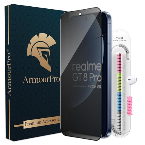 Image of ArmourPro Privacy Tempered Glass for Realme GT 8 Pro, Anti Spy Anti Peeping Screen Protector, Edge-to-Edge Full Coverage, 9H Hardness with Cable Protector | Black