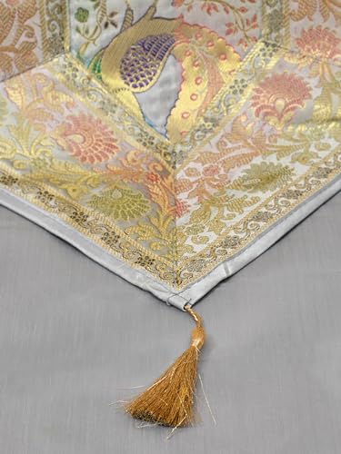 Image of Banarasi Brocade Zari Silk Table Runner Dinning & Centre Table Runner 177 By 30 CM (Grey, Peacock)