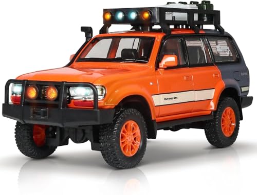 Image of 1:24 Scale Diecast Land Cruiser LC80 Model Car - Metal Pull Back Toy with Opening Doors, Lights & Sounds - Collectible Toy SUV for Boys Age 3-8, Certified Safe Gift for Kids (Orange)