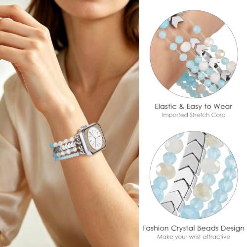 Image of MOFREE Beaded Apple Watch Band for Women 42 /44 /45 /46 /49mm Elastic Strap | Handmade No-Clasp Stretch Bracelet for Apple Watch Series 1-11 /SE3, Shiny Crystal iWatch Band, Hypoallergenic, Light Blue