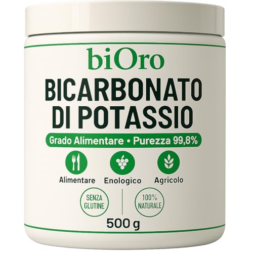 BICARBONATO DI POTASSIO Alimentare biOro 99,8% – 500g – Regolatore Acidità, Antifungino Naturale, Uso Enologico e Agricolo – Grado Alimentare Qualità Premium – Senza Glutine