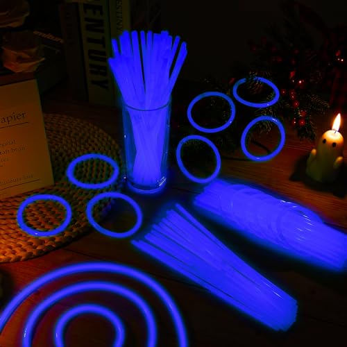 Taikula 100 Pack 8” Blue Glow Sticks Bracelet Bulk Glow Sticks with 100 Connectors Neon Glow In The Dark Party Supplies for Christmas Holiday Decoration Party Carnival (Blue)