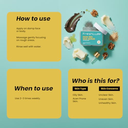 Image of Dead Sea Mud Face & Body Scrub - 200 g | Lactic Acid | Body Polish | Walnut Beads Scrub | Deep Exfoliation, Detan & Moisturization | Shea Butter, Almond Oil & Walnut Beads | For Smooth, Glowing Skin | SLS & Paraben Free | Men & Women