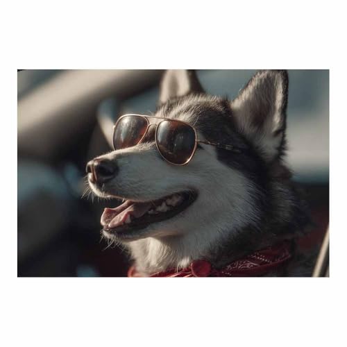 Peinture murale chien avec lunettes en toile grise 80x120cm sans cadre pour bureau
