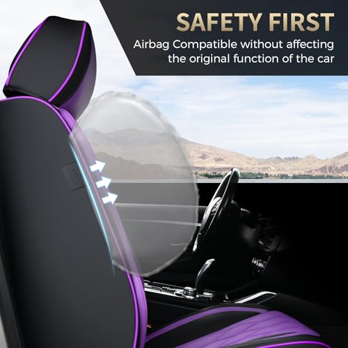 Image of FLORICH Car Seat Covers Full Set Purple Seat Covers Luxury Faux Leather Automotive Car Seat Cover with Lumbar Support Front and Rear Universal Fit for Most Cars Sedans Trucks SUV, Black&Purple