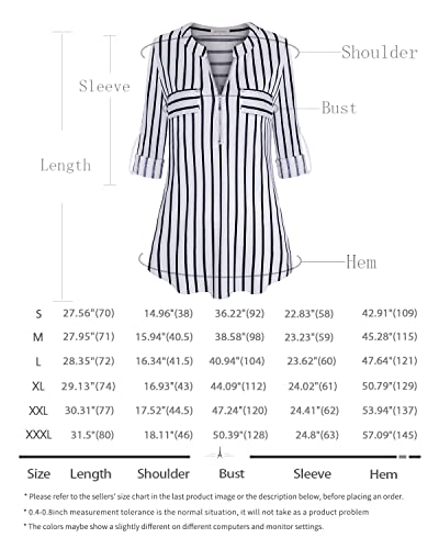 Bulotus Plus Size Tunic Tops To Wear With Leggings, Blouses For Women Fashion 2022 Womens 3/4 Sleeve Tops And Blouses Business Casual Tops V Neck Zipper Summer Fall Shirts, Stripe, Xxx-Large #TOP5