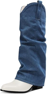 UniqueStride Womens Denim Fold Over Mid Calf Cowboy Boots Western Round Toe Chunky Heel Cowgirl Pull On Studded Boots
