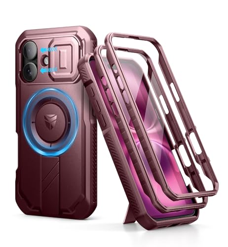 Image of Dexnor for iPhone 16 Case with Slide Camera Cover & Adjustable Kickstand & Built-in Screen Protector,Compatible Wireless Charging Shockproof Cases Heavy-Duty Magnetic Protective Cover,Maroon Red