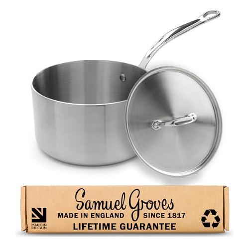 Samuel Groves 20cm Stainless Steel Saucepan with Lid, Tri-Ply Induction Sauce Pan, Oven Safe Professional Cookware, Uncoated Metal Pan for Gas, Electric & Ceramic Hobs, Made in England Since 1817