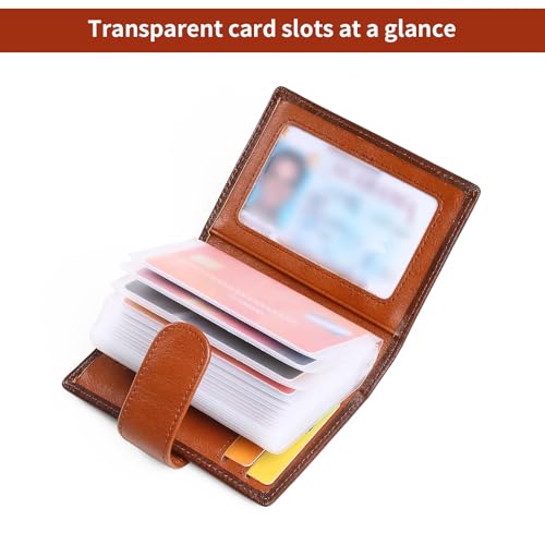Credit Card Holder, Slim Leather RFID Blocking Wallet Debit Card Protector Organizer Case (22 credit card slots and 1 mirror window) Leather Bifold Wallet (Brown)4