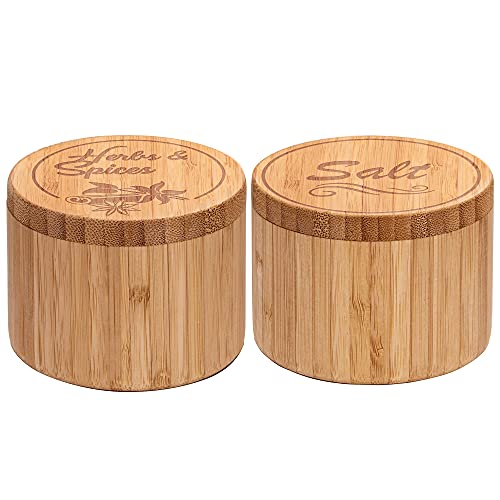 Hestiaware Salt Box and Spice Box - Bamboo Salt and Pepper Bowls Set of 2 - Wooden Storage Containers with Magnetic Swivel Lids - Engraved with “Salt” and “Herbs & Spices” on Lid