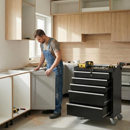 IDEALHOUSE Rolling Tool Chest, 5 Drawers Tool Storage Cabinet, Toolbox with Wheels, Portable Tool Cabinet Organizer with Locking System & Drawer Liners, Tool Storage Cart for Garage, Workshop, Black by IDEALHOUSE - Image 9