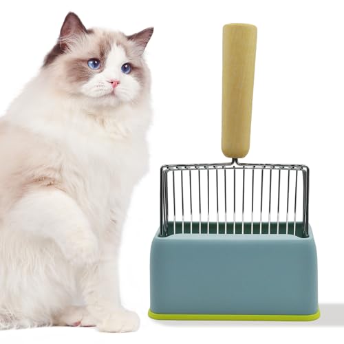 Image of Cat Scooper for Litter Box with Holder,Kitty Litter Scoop Metal Fast Sifting Kitten Poop Shovel Stainless Steel Heavy Duty Cat Pan Scooper with Wood Handle(Blue)