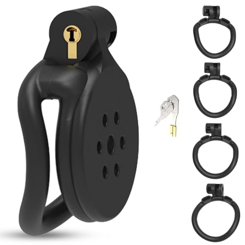 BDSMAGE Cage de Chasteté Plate avec 4 Anneaux Testiculaires, Cage à Pénis Respirante Jouets Sexuels de Bondage Esclave SM pour Hommes