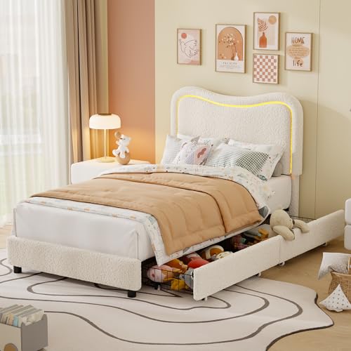 Garvee Boucle Twin Bed Frame with 2 Storage Drawers, Upholstered Platform Bed with LED Headboard, Wood Slats Support, No Box Spring Needed for Kids, Teens-Beige by Garvee - Used condition - US$90.71