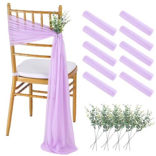 Light Purple Chair Sashes 10 Packs Sheer Fabric with Artificial Leaves