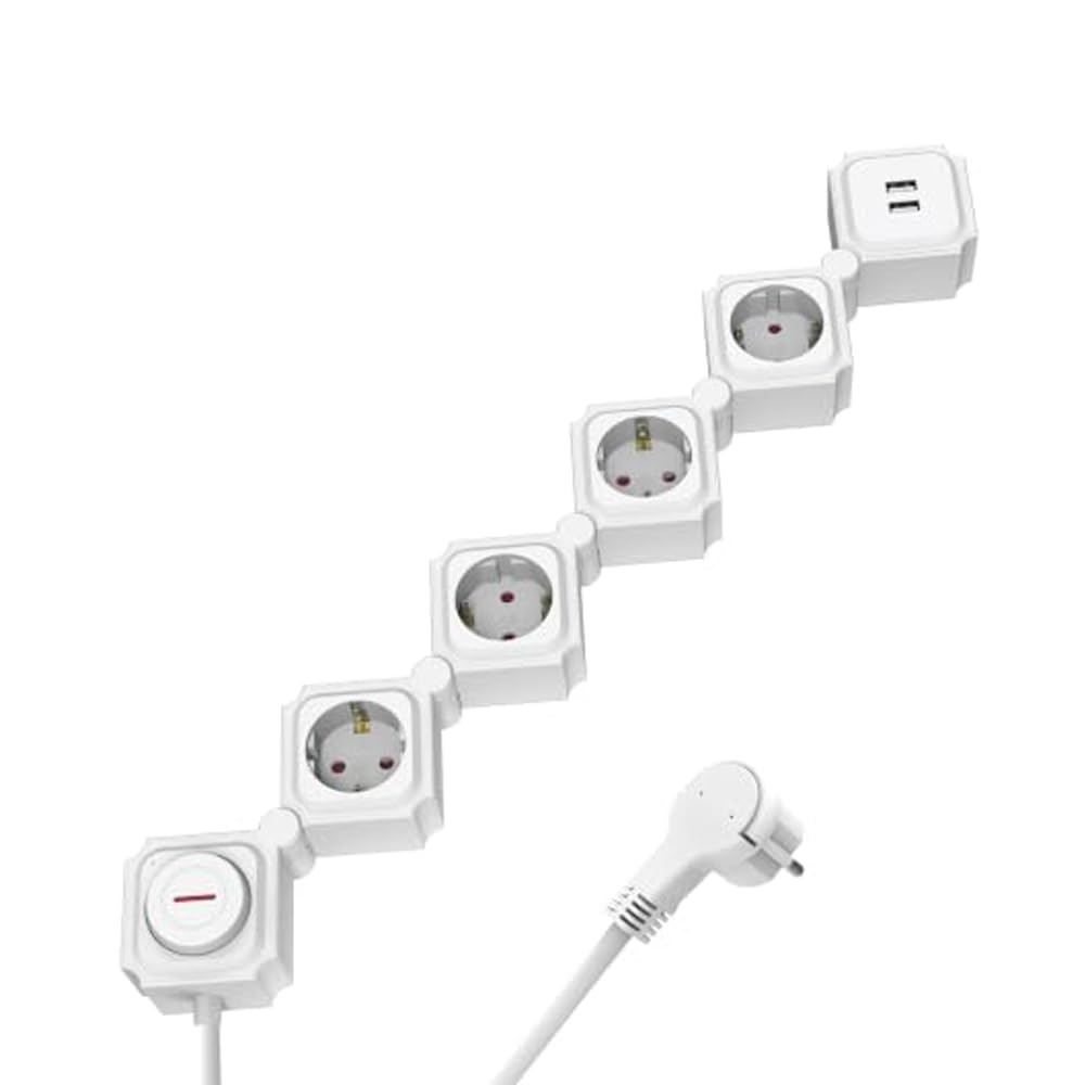 4-Fach Mehrfachsteckdose mit USB, Flachstecker, TÜV GS Zertifiziert | Schalter, Verstellbare Abstände Steckdosenleiste, 3680W,für Büro Zubehör, Küche, 1.5m Verlängerungskabel, Weiß