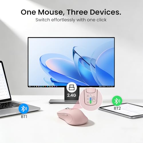 CITLLA Wireless Bluetooth Mouse (USB + BT1 + BT2), Full Size Mouse, 4-Way Scrolling, Multi-Device Silent for Computer, Laptop, iPad, MacBook (Pink) — view 4