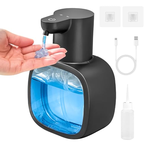 Dispensador de jabón automático, 500 ml, USB C, dispensador de jabón eléctrico, fijación a la pared con sensor, dispensador de jabón ajustable sin contacto, para baño, cocina, inodoro (negro líquido)