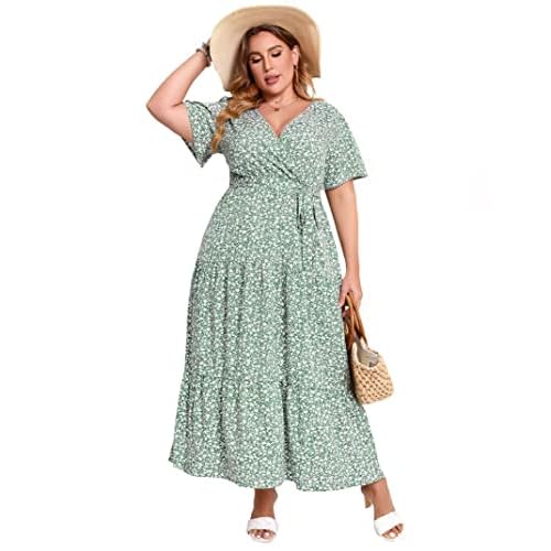 KOJOOIN Women Plus Size V Neck Wrap Maxi Dress Short Sleeves High Waist Ruffle Summer Casual Dress with Belt, 3X-Large, Green White Leaf Flower